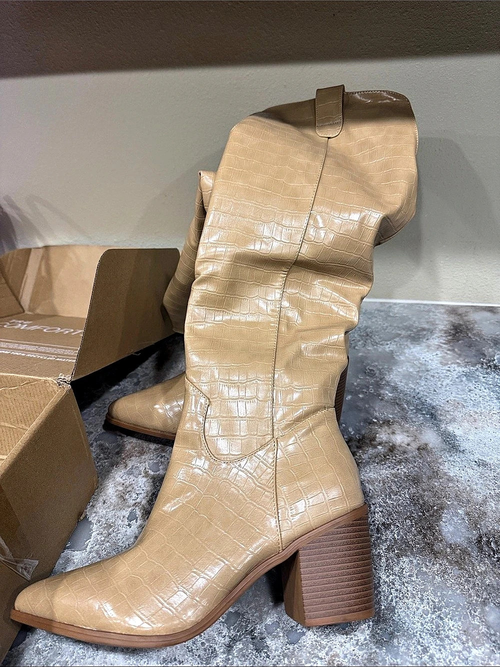 Journee Collection Knee High Boot Crocodile-Embossed Heeled Boots in Brown